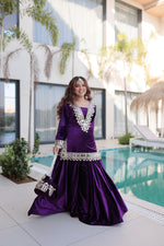 Thumbnail for Prazu Fashion Violet Velvet With Zari Embroidered & Real Mirror Work Plazzo With Potli Bag - Distacart