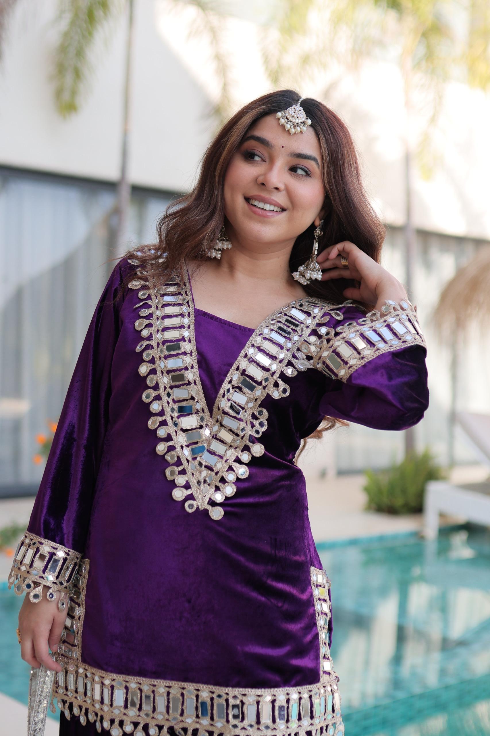 Prazu Fashion Violet Velvet With Zari Embroidered & Real Mirror Work Plazzo With Potli Bag - Distacart