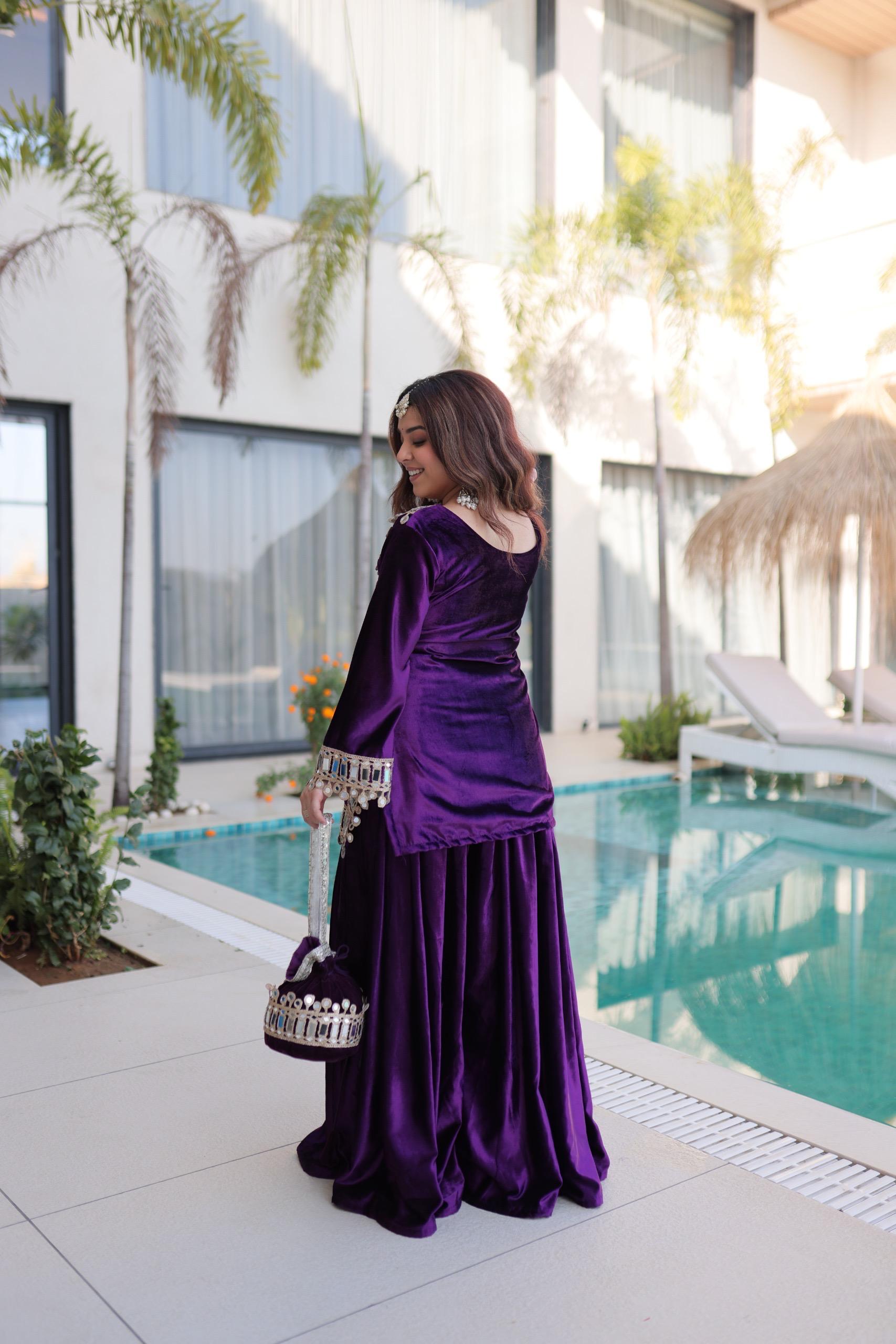 Prazu Fashion Violet Velvet With Zari Embroidered & Real Mirror Work Plazzo With Potli Bag - Distacart
