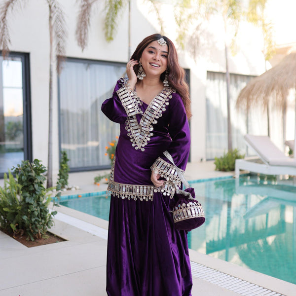 Prazu Fashion Violet Velvet With Zari Embroidered & Real Mirror Work Plazzo With Potli Bag - Distacart