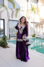 Thumbnail for Prazu Fashion Violet Velvet With Zari Embroidered & Real Mirror Work Plazzo With Potli Bag - Distacart