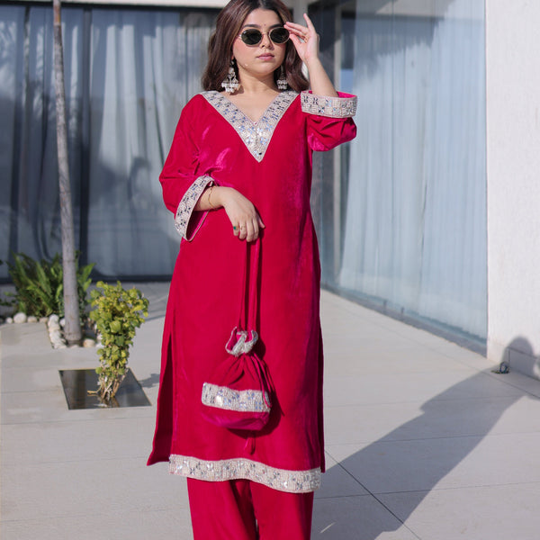 Vedant Vastram Heavy Velvet Embroidery & Mirror Work Stitched Salwar Suit Set-Pink - Distacart