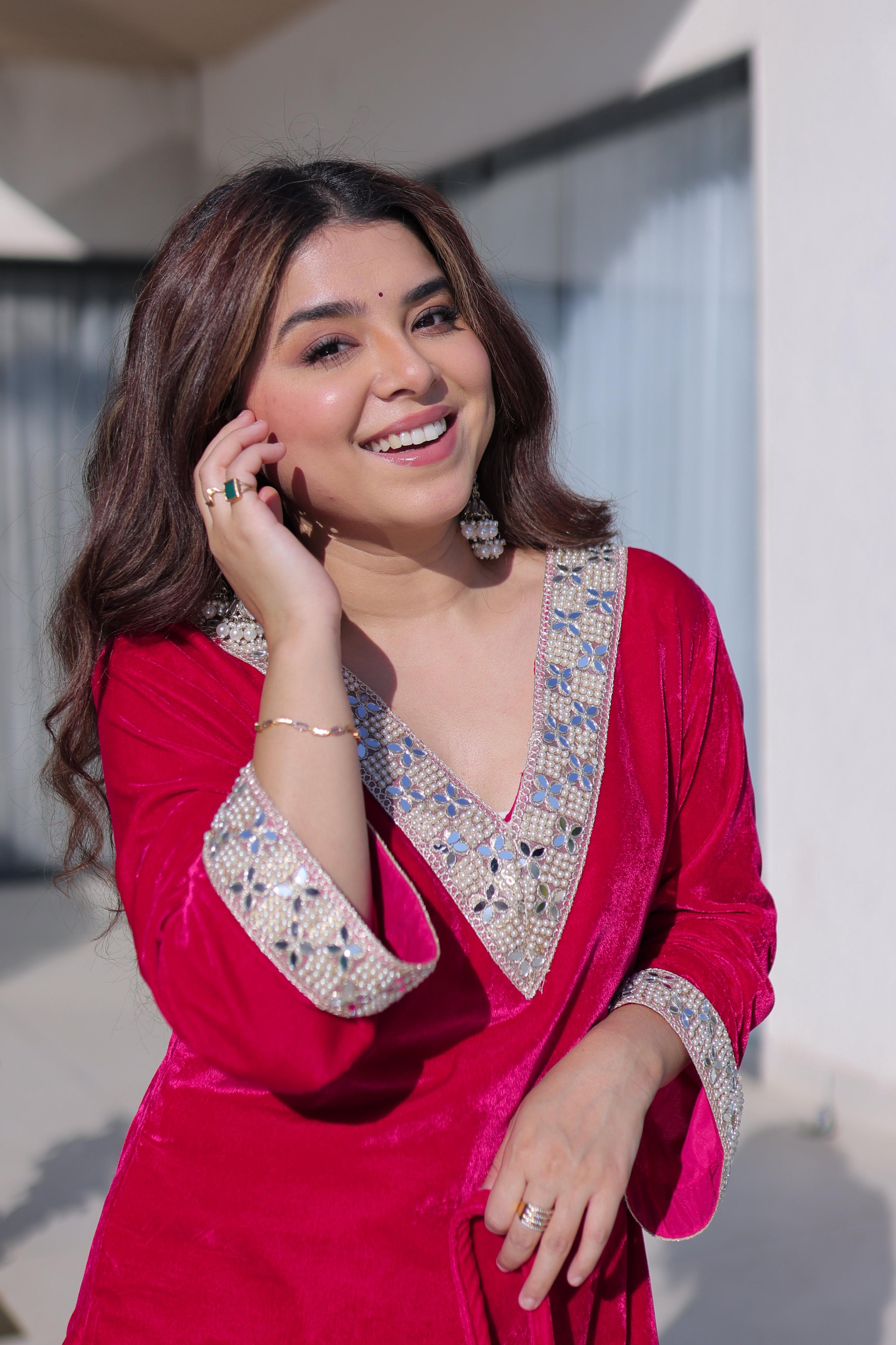 Vedant Vastram Heavy Velvet Embroidery & Mirror Work Stitched Salwar Suit Set-Pink - Distacart