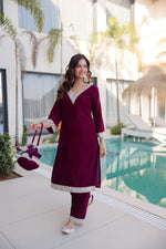 Thumbnail for Prazu Fashion Wine Velvet Zari Embroidered & Real Mirror Work Suit With Potli Bag - Distacart