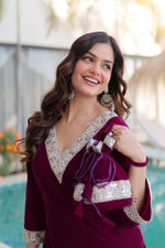 Thumbnail for Prazu Fashion Wine Velvet Zari Embroidered & Real Mirror Work Suit With Potli Bag - Distacart