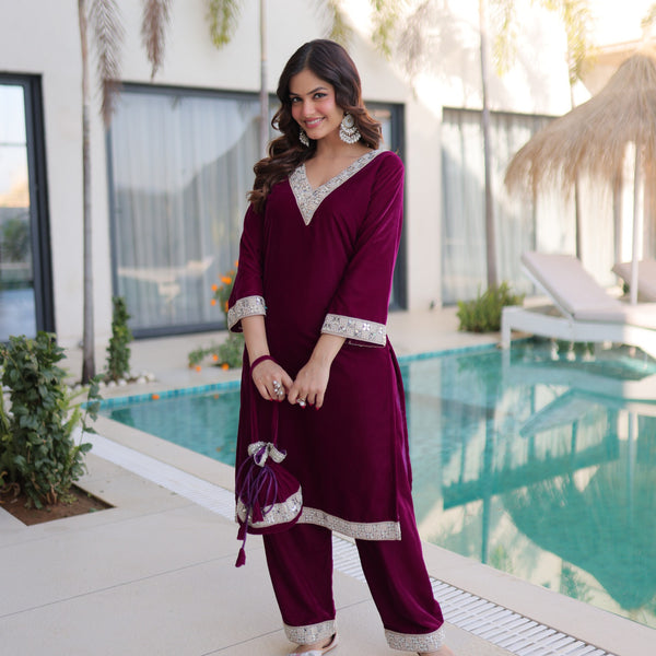 Prazu Fashion Wine Velvet Zari Embroidered & Real Mirror Work Suit With Potli Bag - Distacart