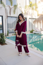 Thumbnail for Prazu Fashion Wine Velvet Zari Embroidered & Real Mirror Work Suit With Potli Bag - Distacart