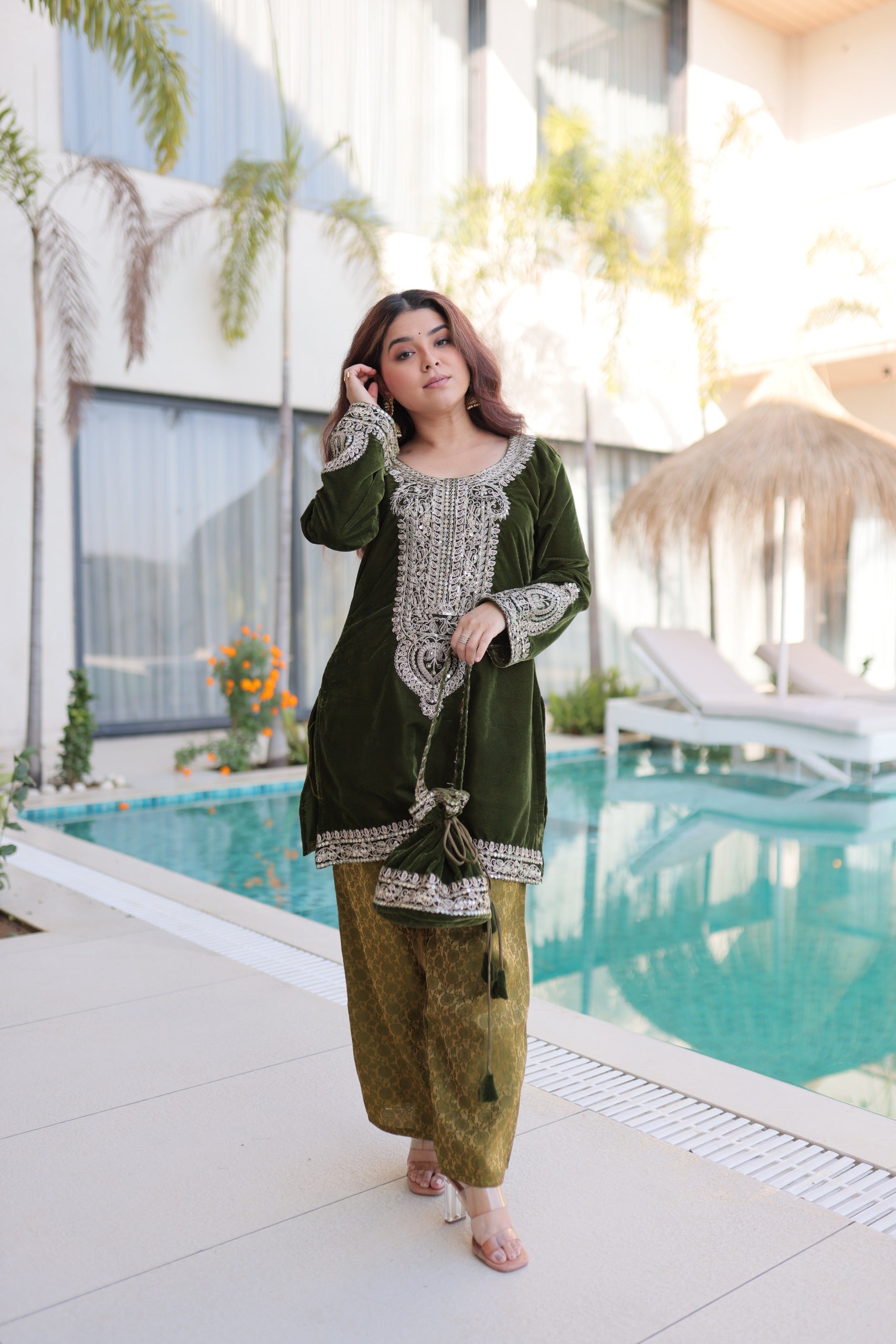 Prazu Fashion Green Velvet With Rich Zari Coding Embroidered Suit With Potli Bag - Distacart