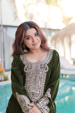 Thumbnail for Prazu Fashion Green Velvet With Rich Zari Coding Embroidered Suit With Potli Bag - Distacart