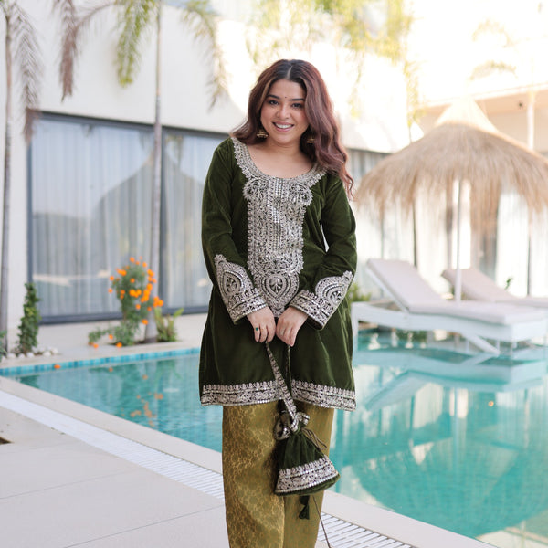 Prazu Fashion Green Velvet With Rich Zari Coding Embroidered Suit With Potli Bag - Distacart