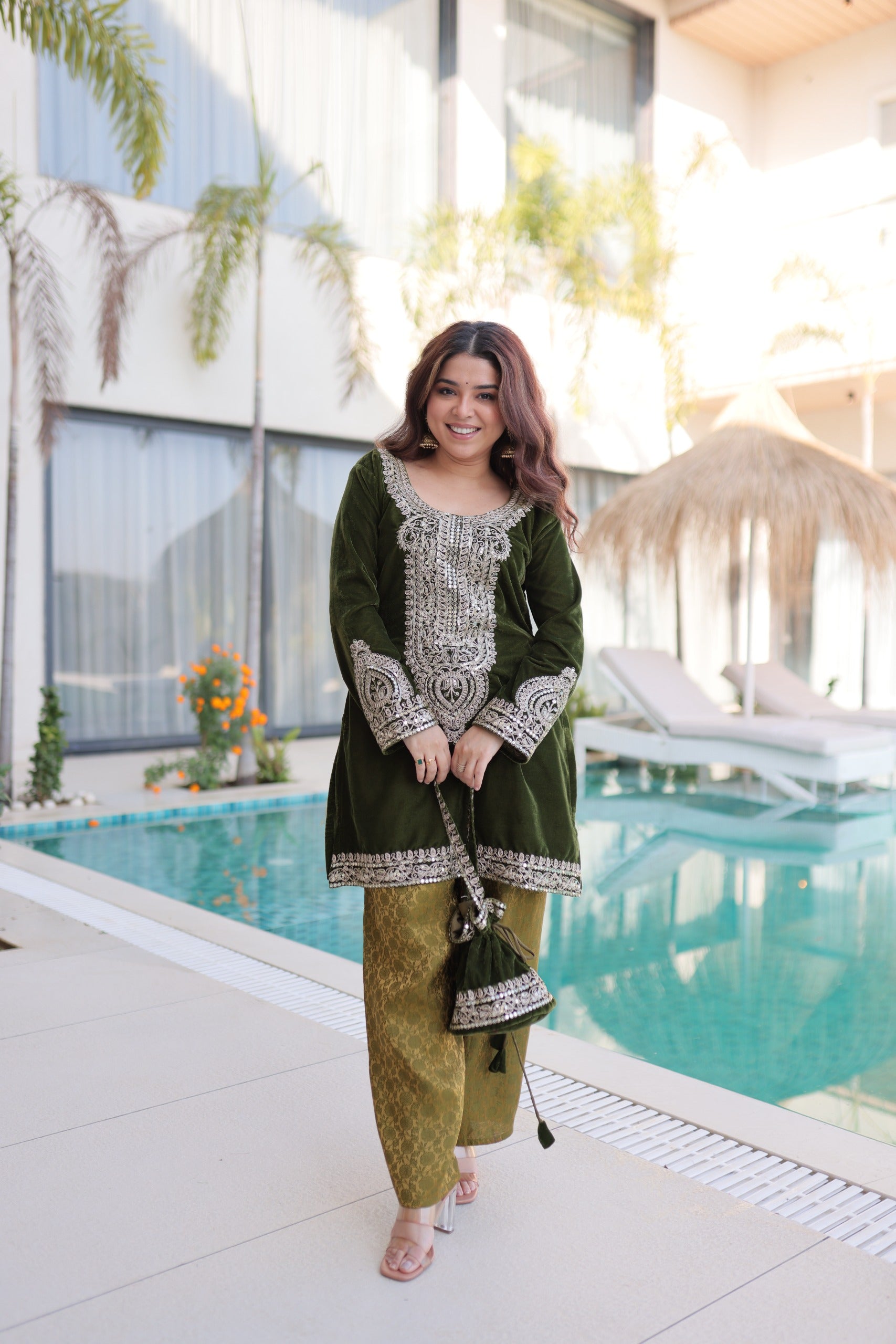Prazu Fashion Green Velvet With Rich Zari Coding Embroidered Suit With Potli Bag - Distacart