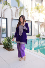 Thumbnail for Prazu Fashion Purple Velvet With Rich Zari Coding Embroidered Suit With Potli Bag - Distacart