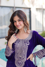 Thumbnail for Prazu Fashion Purple Velvet With Rich Zari Coding Embroidered Suit With Potli Bag - Distacart