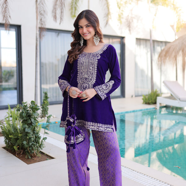Prazu Fashion Purple Velvet With Rich Zari Coding Embroidered Suit With Potli Bag - Distacart