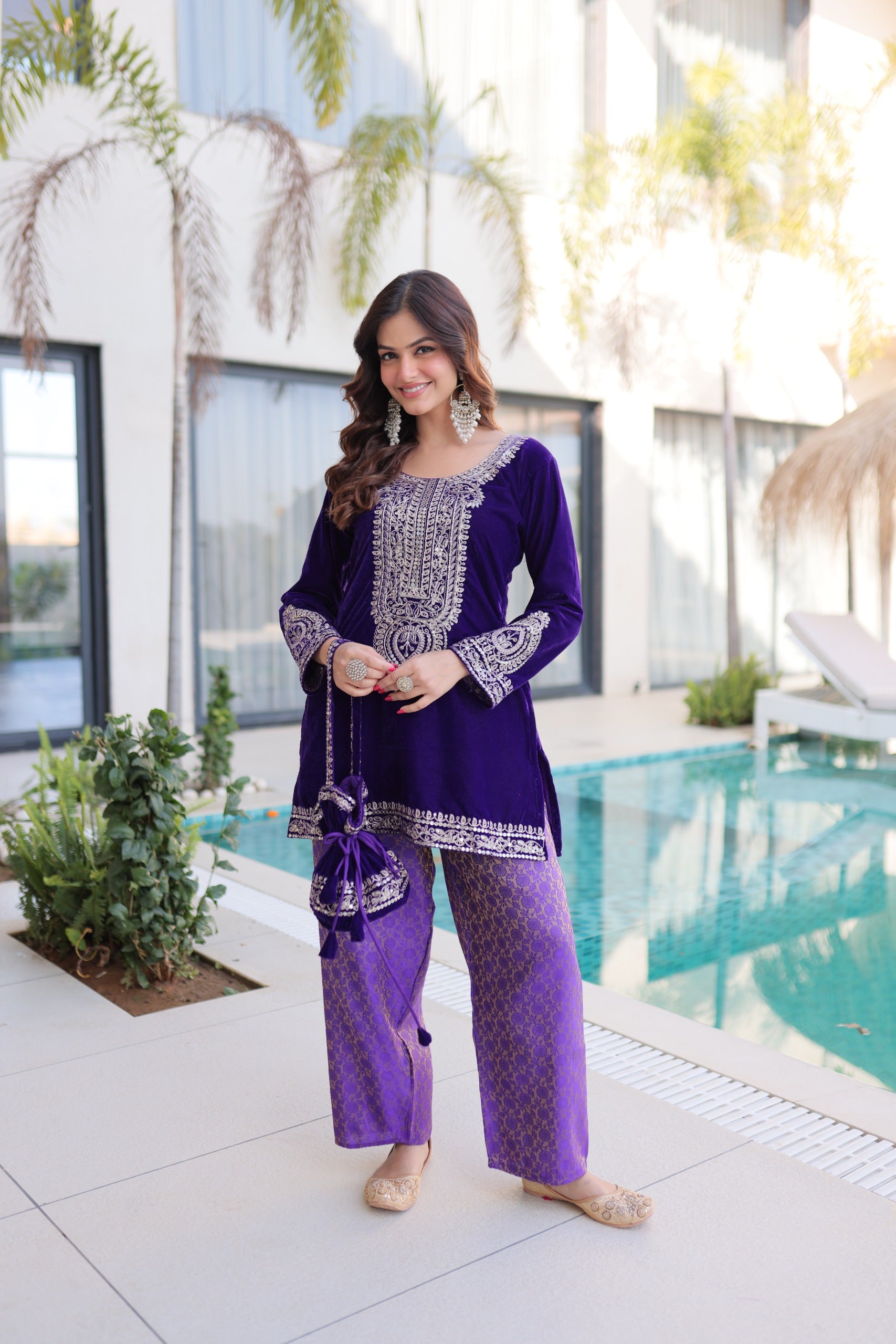 Prazu Fashion Purple Velvet With Rich Zari Coding Embroidered Suit With Potli Bag - Distacart