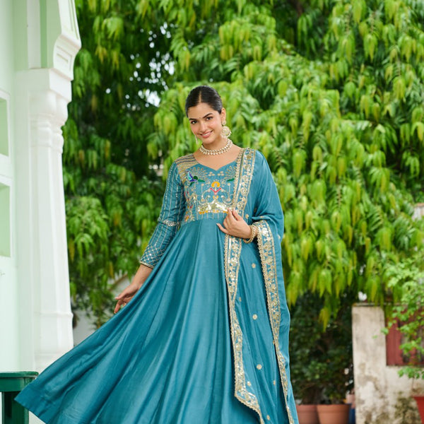 Lehenga Mart Premium Readymade Gown With Dupatta Set For Women-Sky Blue - Distacart