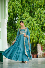 Thumbnail for Lehenga Mart Premium Readymade Gown With Dupatta Set For Women-Sky Blue - Distacart