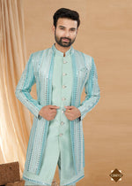 Thumbnail for Joban Fashion Men's Sky Blue Heavy Art Silk Double Finish Plain Indowestern - Distacart