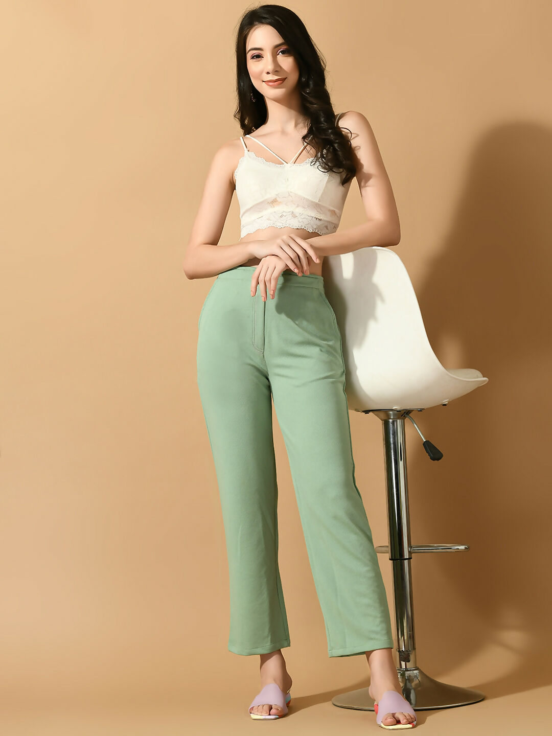 Myshka Women's Green Straight Fit Party Trouser - Distacart