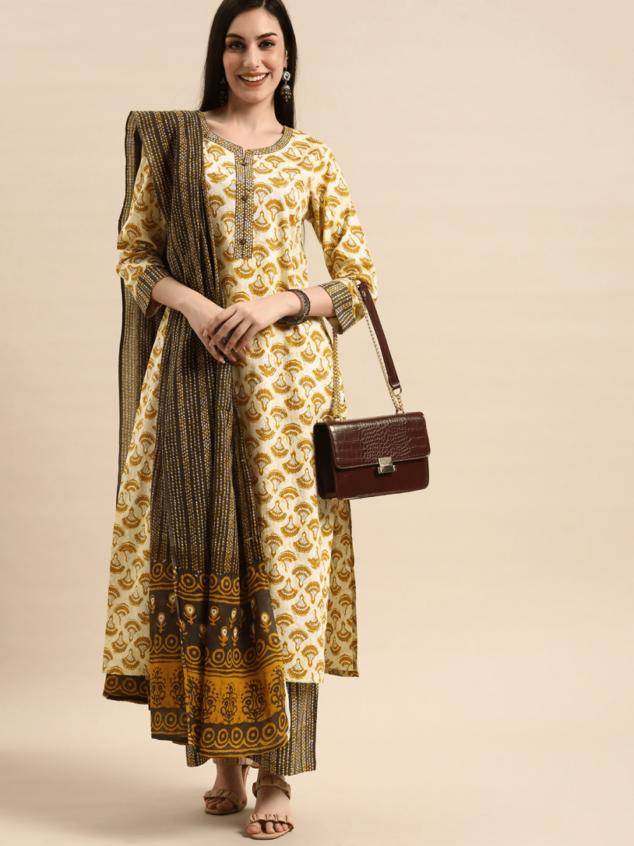 Anouk Women Off White & Mustard Yellow Pure Cotton Printed Kurta with Palazzos & Dupatta - Distacart