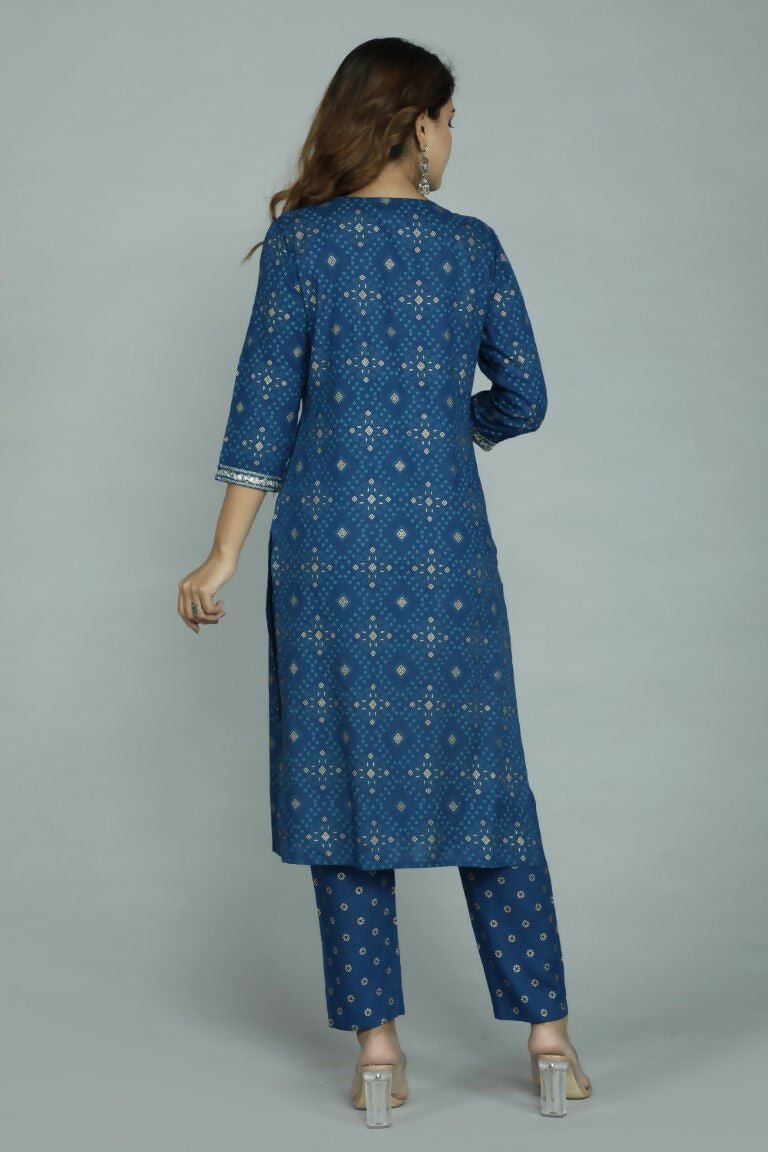 Alvano Printed Sequence Kurti with Pant and Dupatta set Rayon (Blue) - Distacart