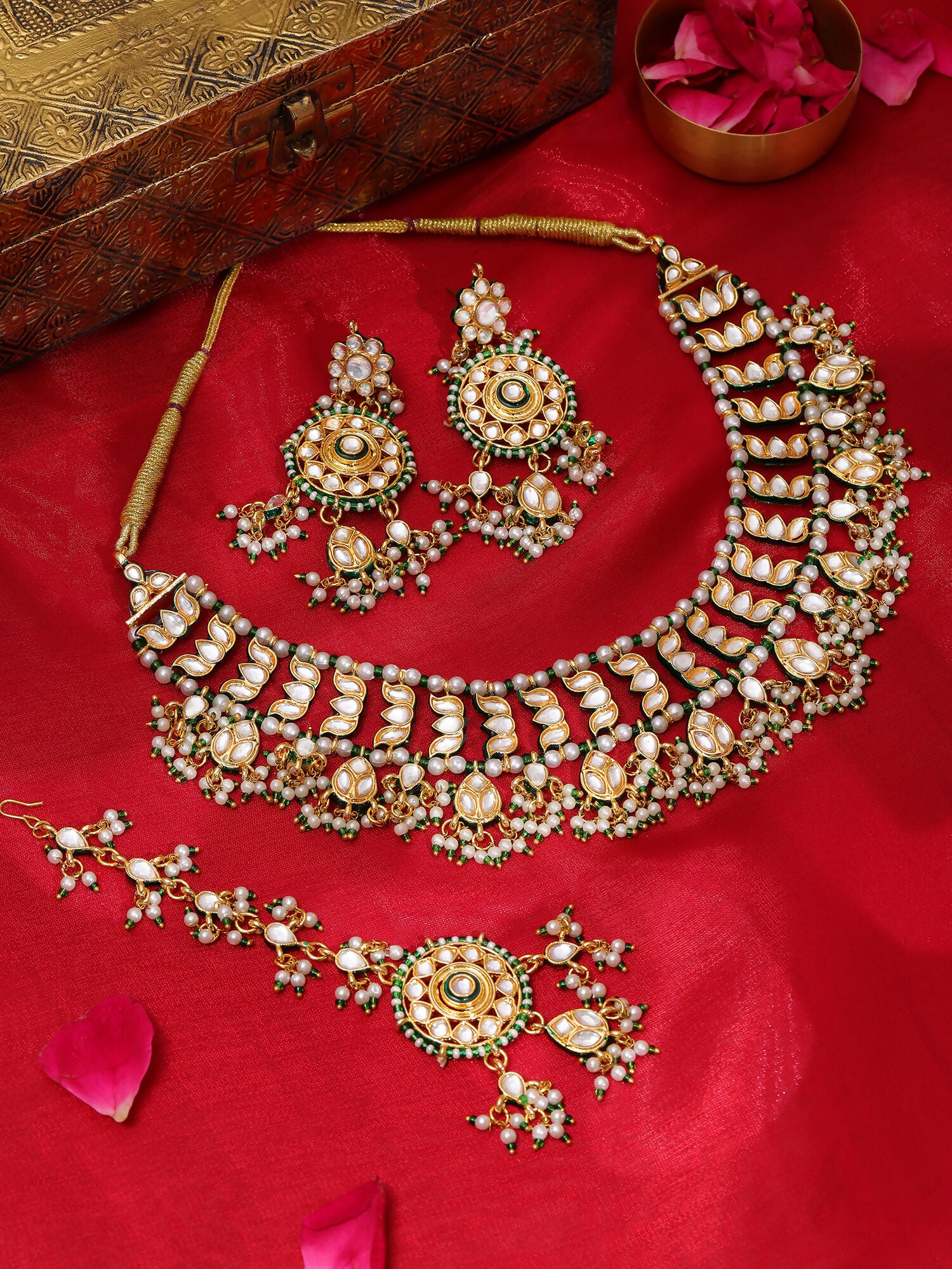 Ruby Raang Gold Polished Kundan Work Gold Kundan Collar Necklace With Earrings & Maang Tikka