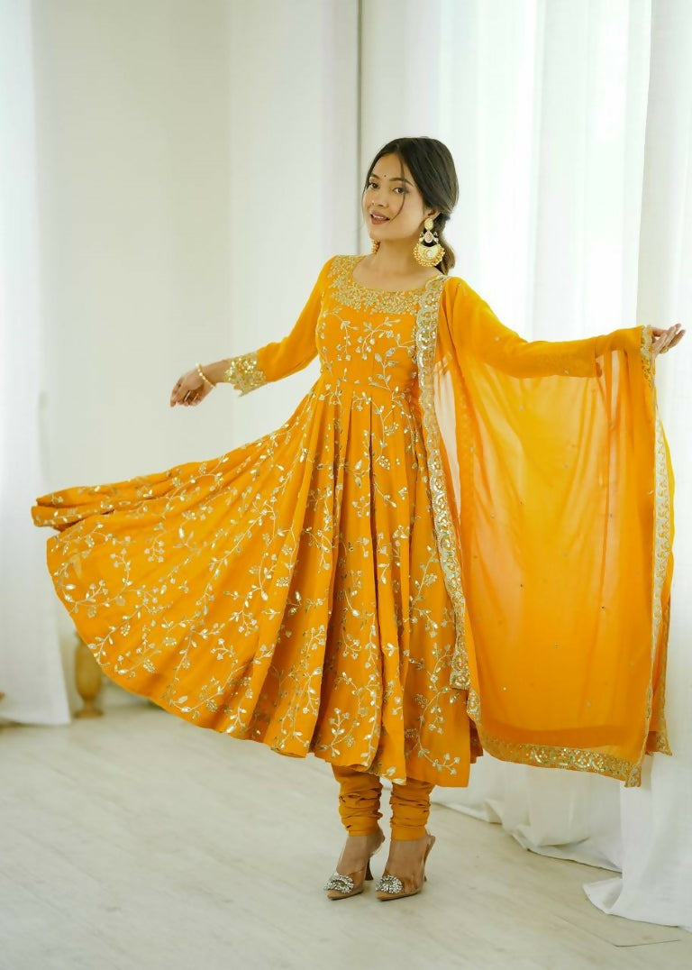 Teeya Creation Yellow Color Heavy Faux Georgette Embroidery Work Gown
