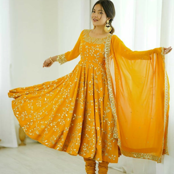 Teeya Creation Yellow Color Heavy Faux Georgette Embroidery Work Gown