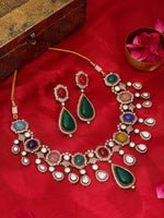 Thumbnail for Ruby Raang Gold Polished Kundan Work Multi-Color Maharani Kundan And Stonework Necklace With Earrings