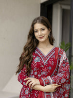 Thumbnail for The52 Maroon Women's Gorgeous Rayon Fabric Printed Work Flared Kurta, Pant and Dupatta Set - Distacart