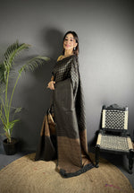 Thumbnail for Joban Fashion Black Banarasi Soft Lichi Silk Checks & Woven Saree