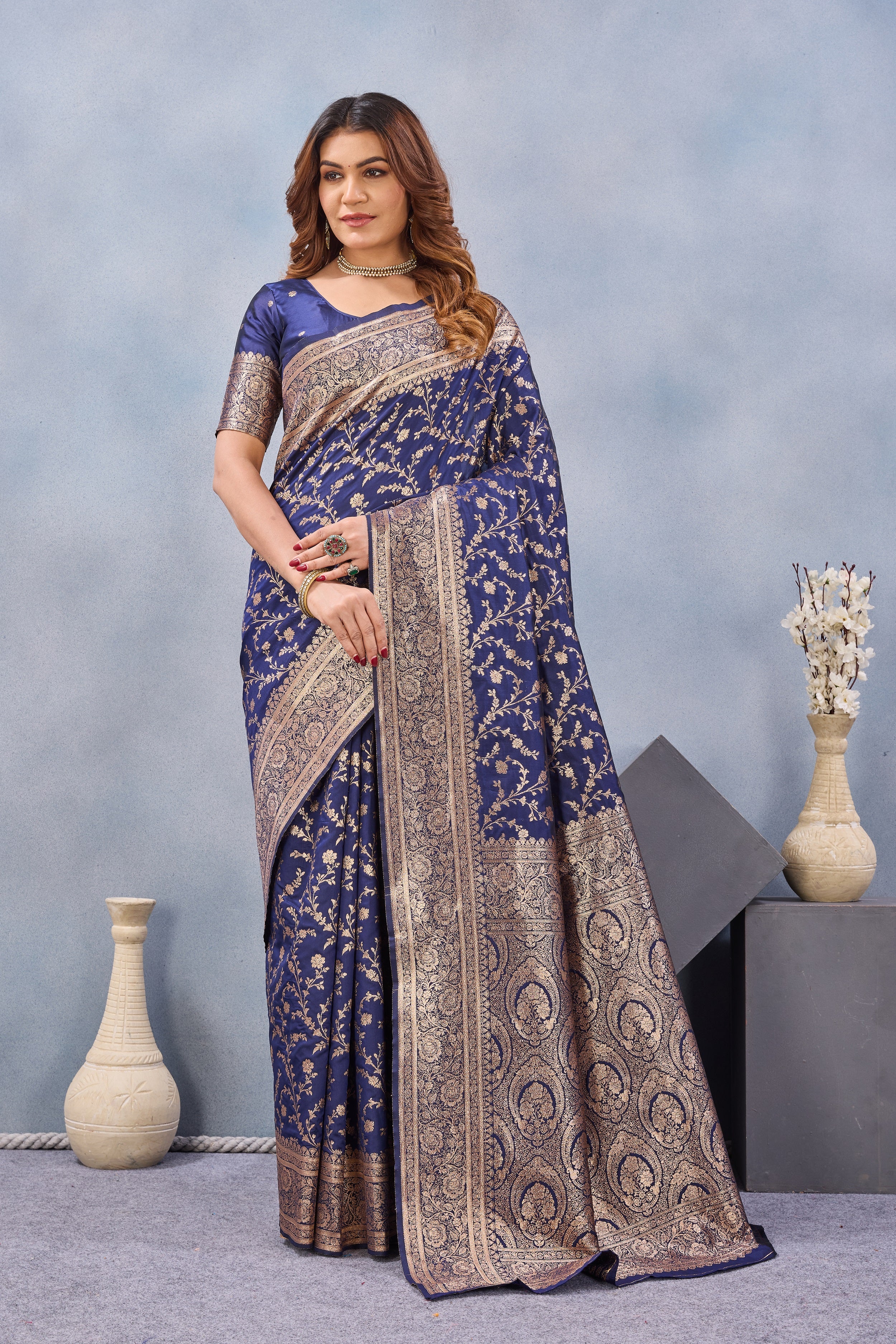 Divine International Trading Co Blue Soft Silk Blend Banarasi Jacuard Work Designer Party Wear Saree With Unstitched Blouse Piece - Dista