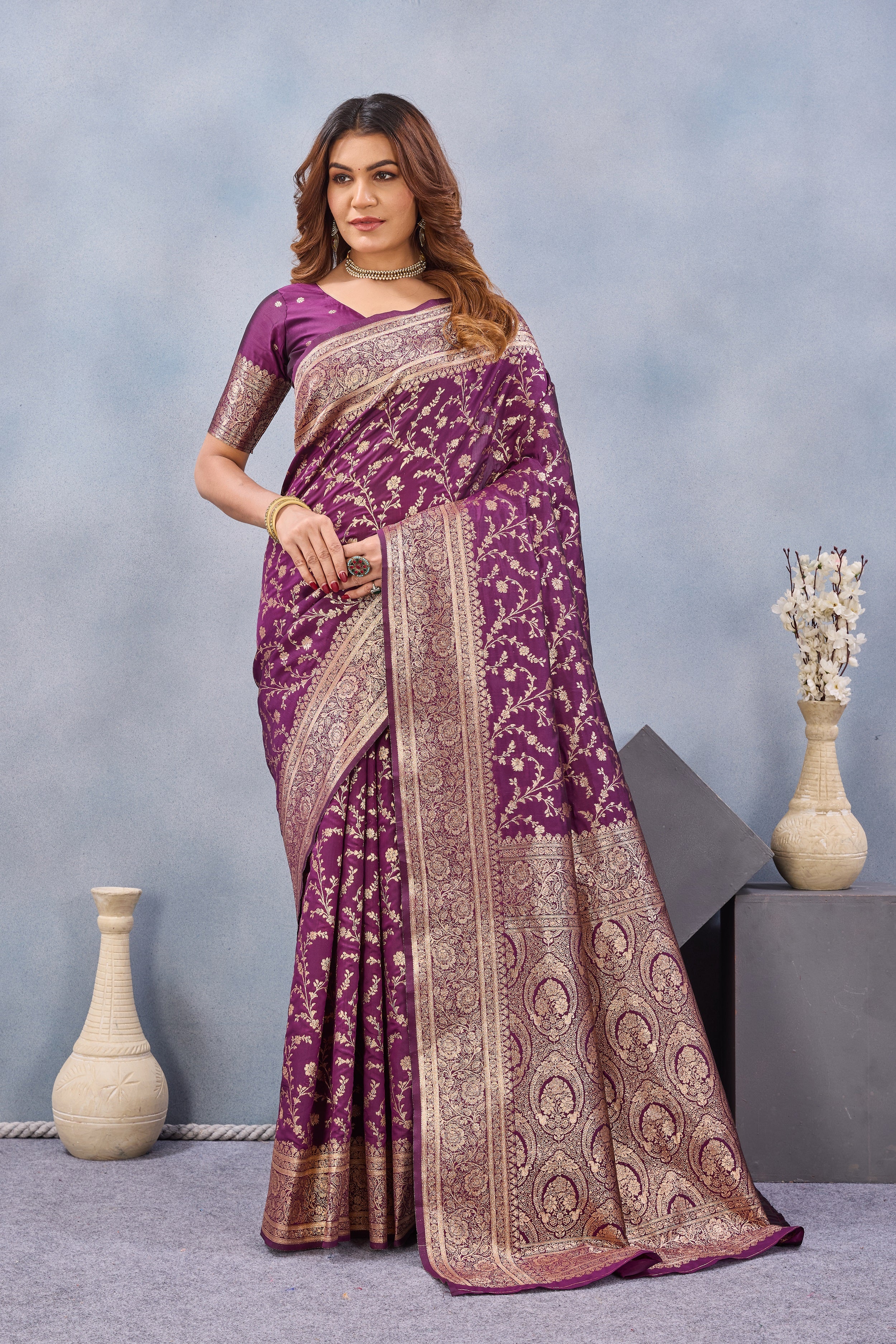Divine International Trading Co Wine Soft Silk Blend Banarasi Jacuard Work Designer Party Wear Saree With Unstitched Blouse Piece - Dista