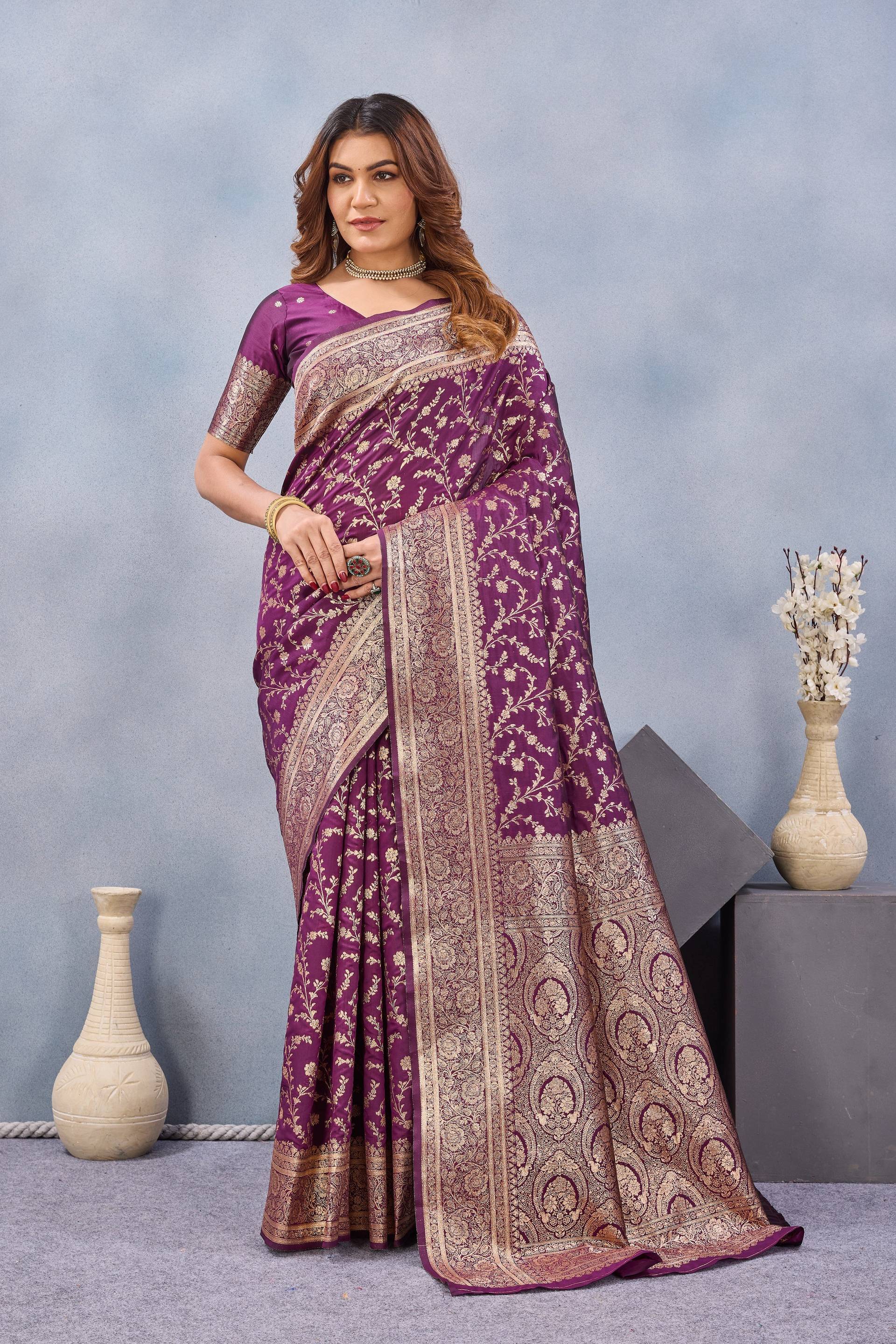 Divine International Trading Co Wine Soft Silk Blend Banarasi Jacuard Work Designer Party Wear Saree With Unstitched Blouse Piece - Dista
