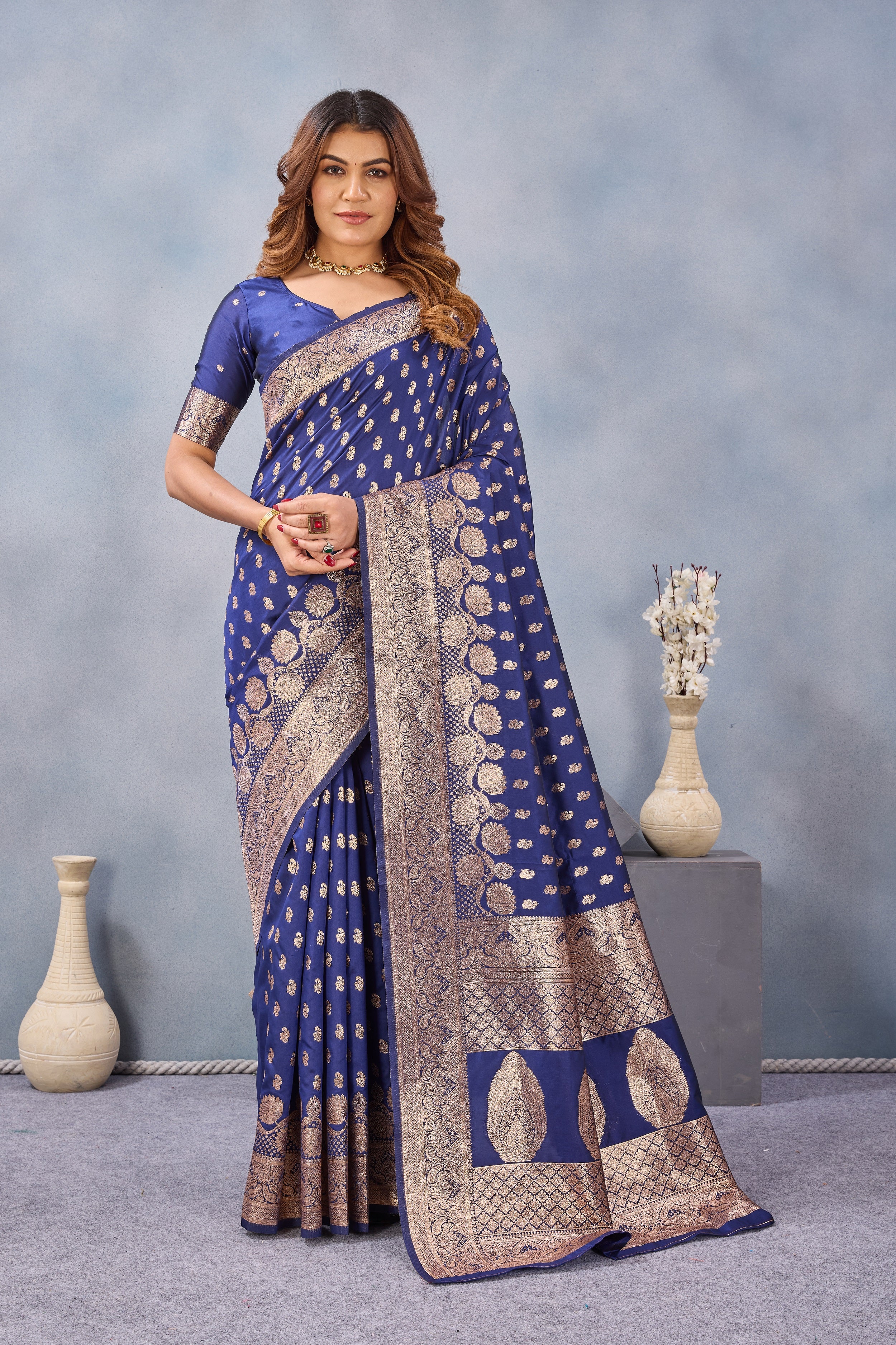 Divine International Trading Co Blue Soft Silk Blend Banarasi Jacuard Work Designer Party Wear Saree With Unstitched Blouse Piece - Dista