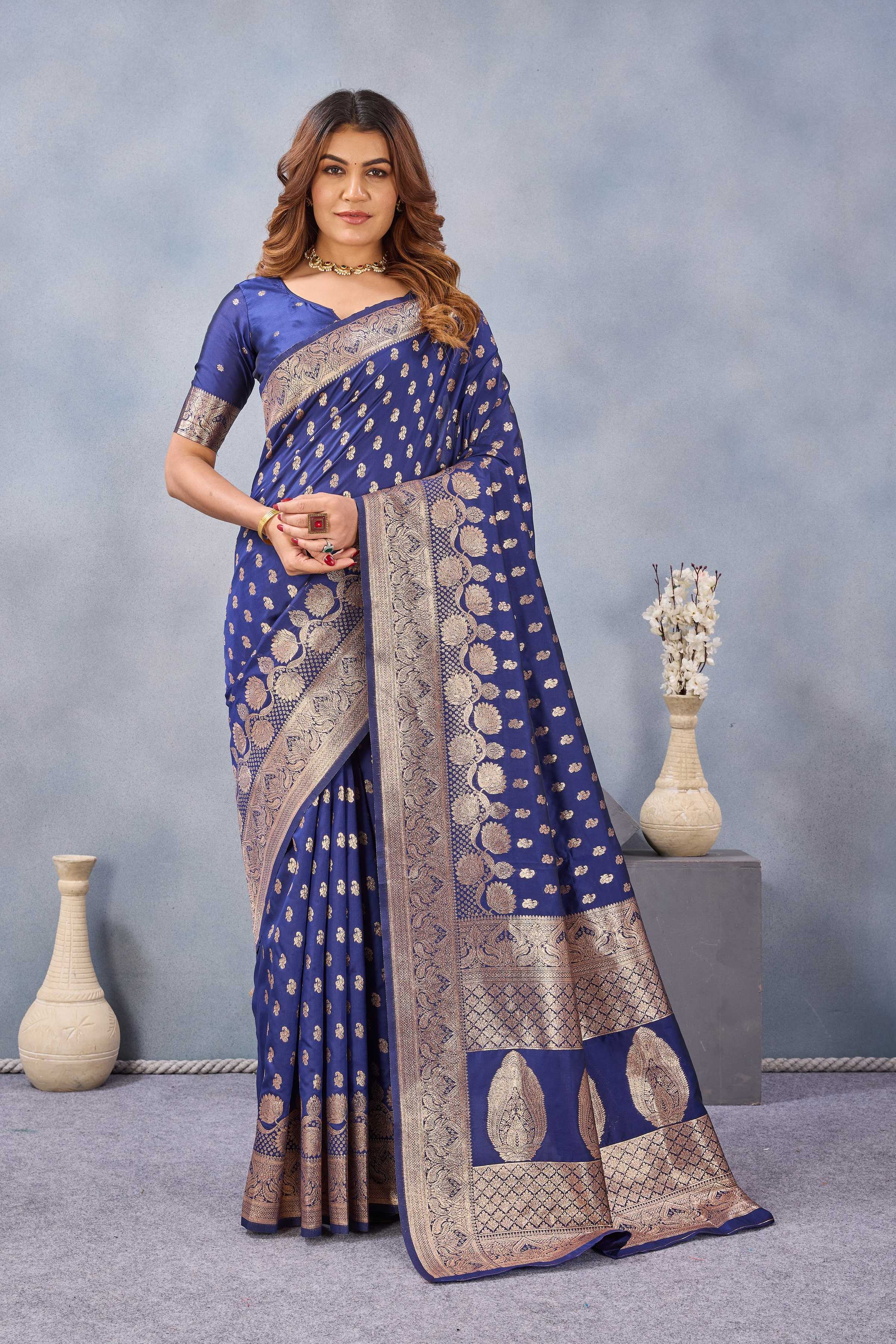 Divine International Trading Co Blue Soft Silk Blend Banarasi Jacuard Work Designer Party Wear Saree With Unstitched Blouse Piece - Dista