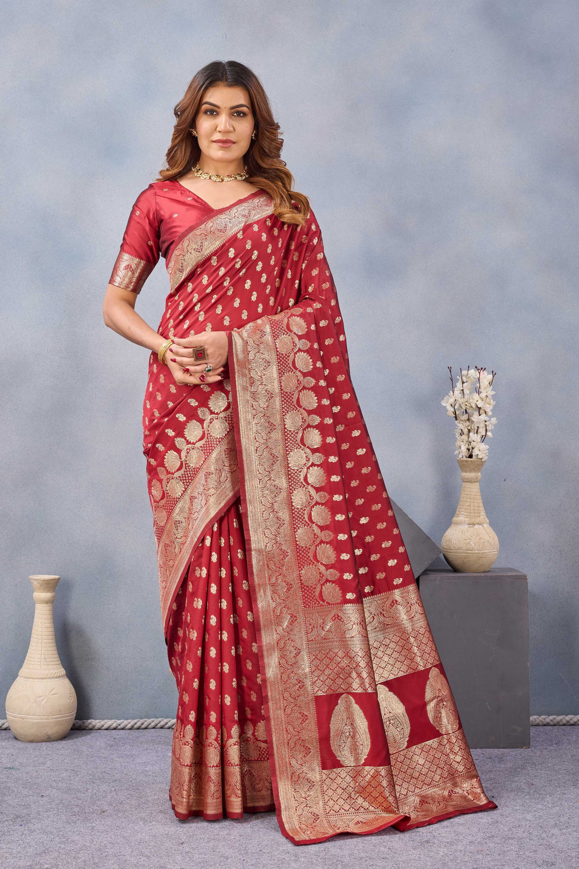 Divine International Trading Co Red Soft Silk Blend Banarasi Jacuard Work Designer Party Wear Saree With Unstitched Blouse Piece - Dista