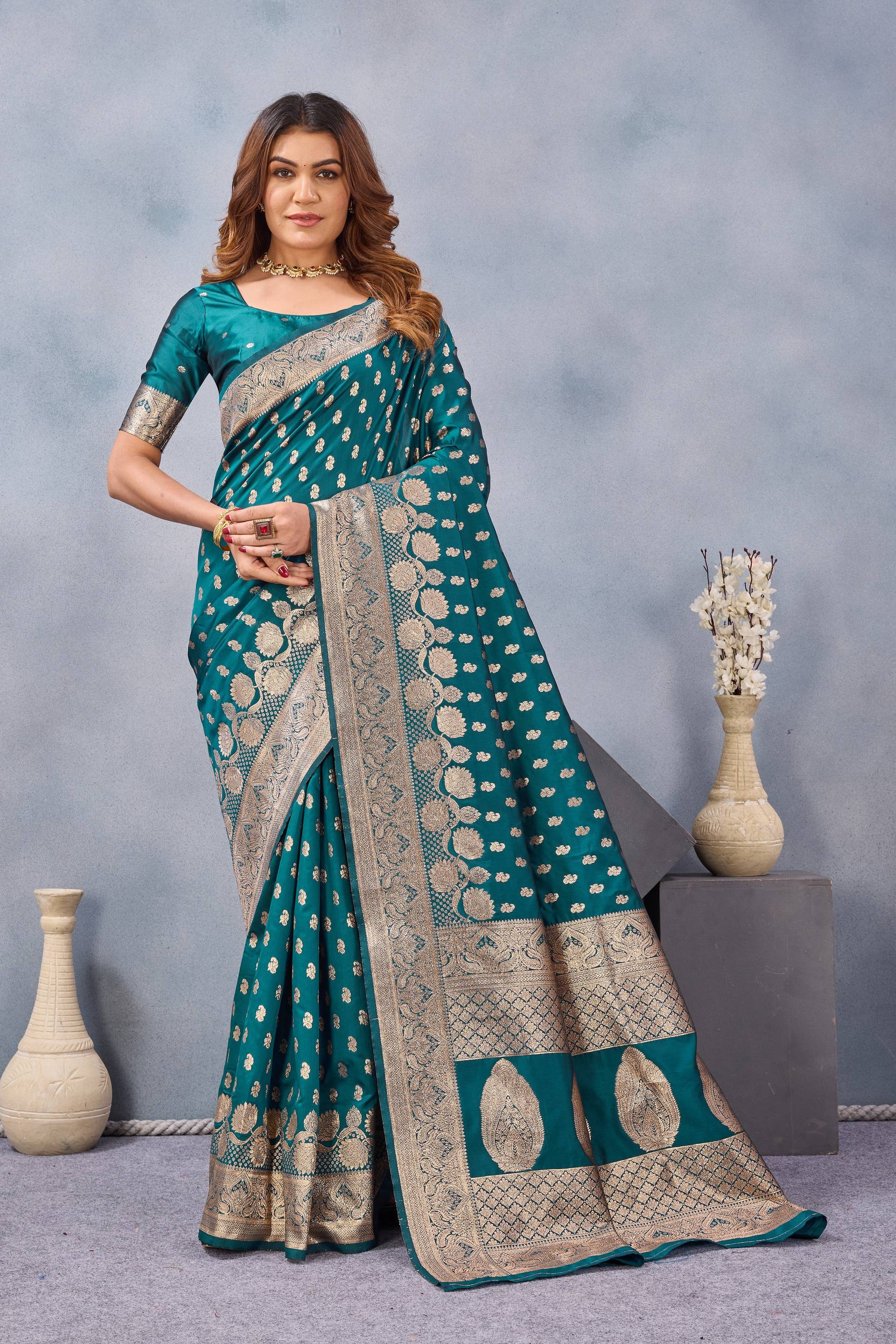 Divine International Trading Co Turquoise Soft Silk Blend Banarasi Jacuard Work Designer Party Wear Saree With Unstitched Blouse Piece - Dista
