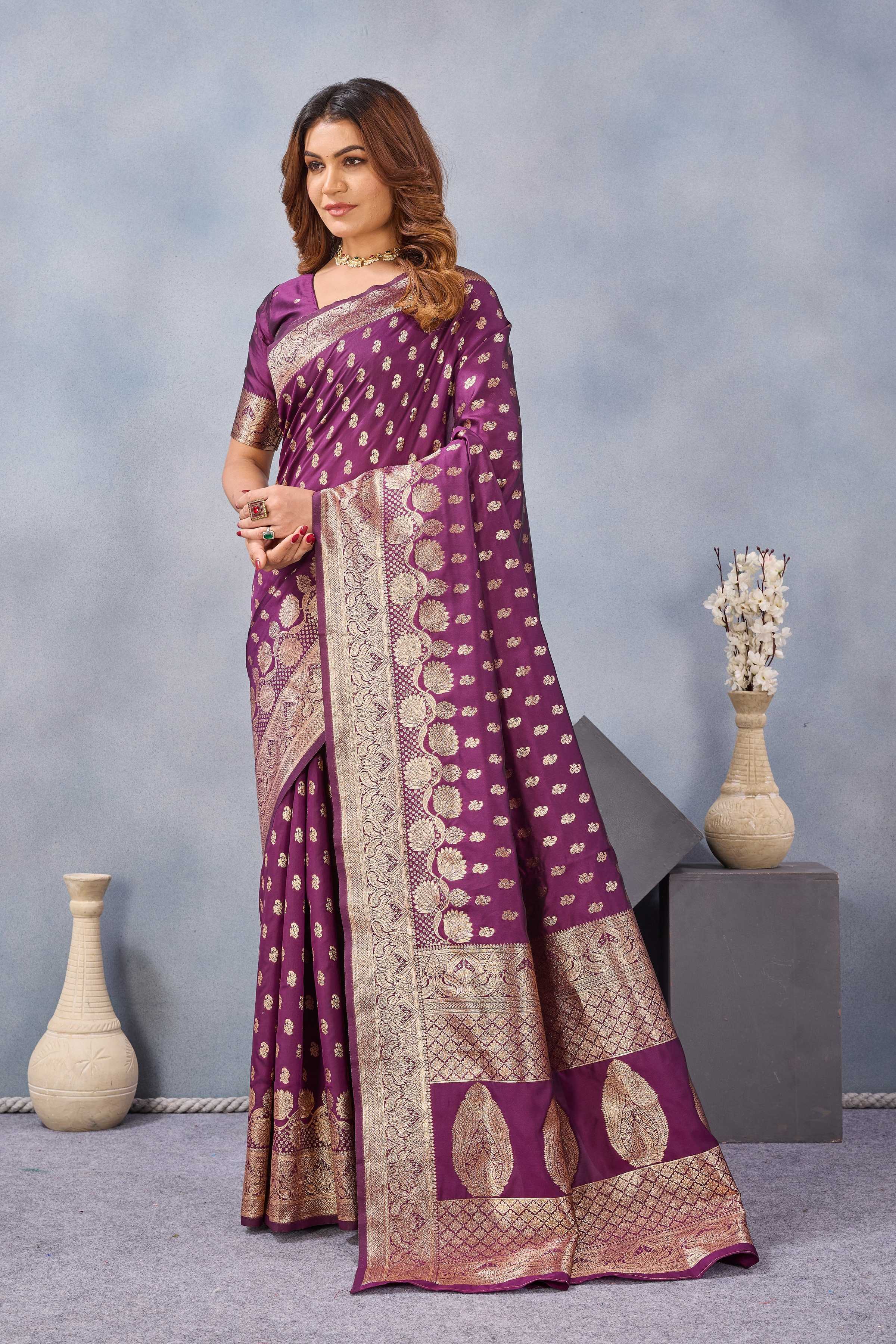Divine International Trading Co Wine Soft Silk Blend Banarasi Jacuard Work Designer Party Wear Saree With Unstitched Blouse Piece - Dista