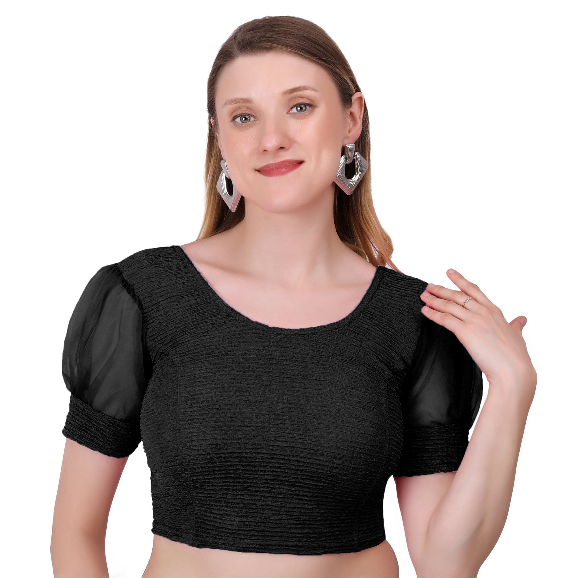 Vamika Cotton Lycra Stretchable Fabric Black Balloon Sleeves Blouse - Distacart