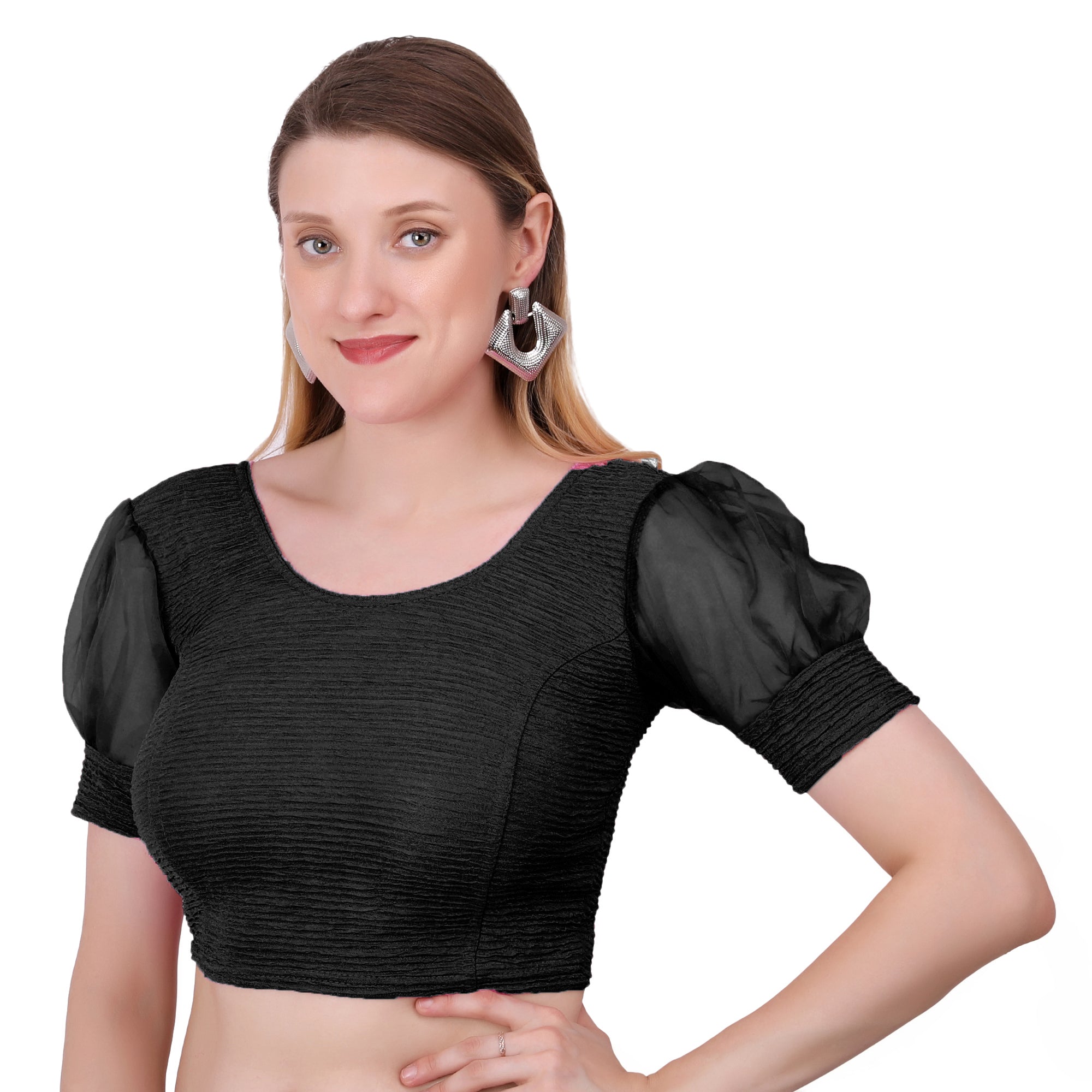 Vamika Cotton Lycra Stretchable Fabric Black Balloon Sleeves Blouse - Distacart