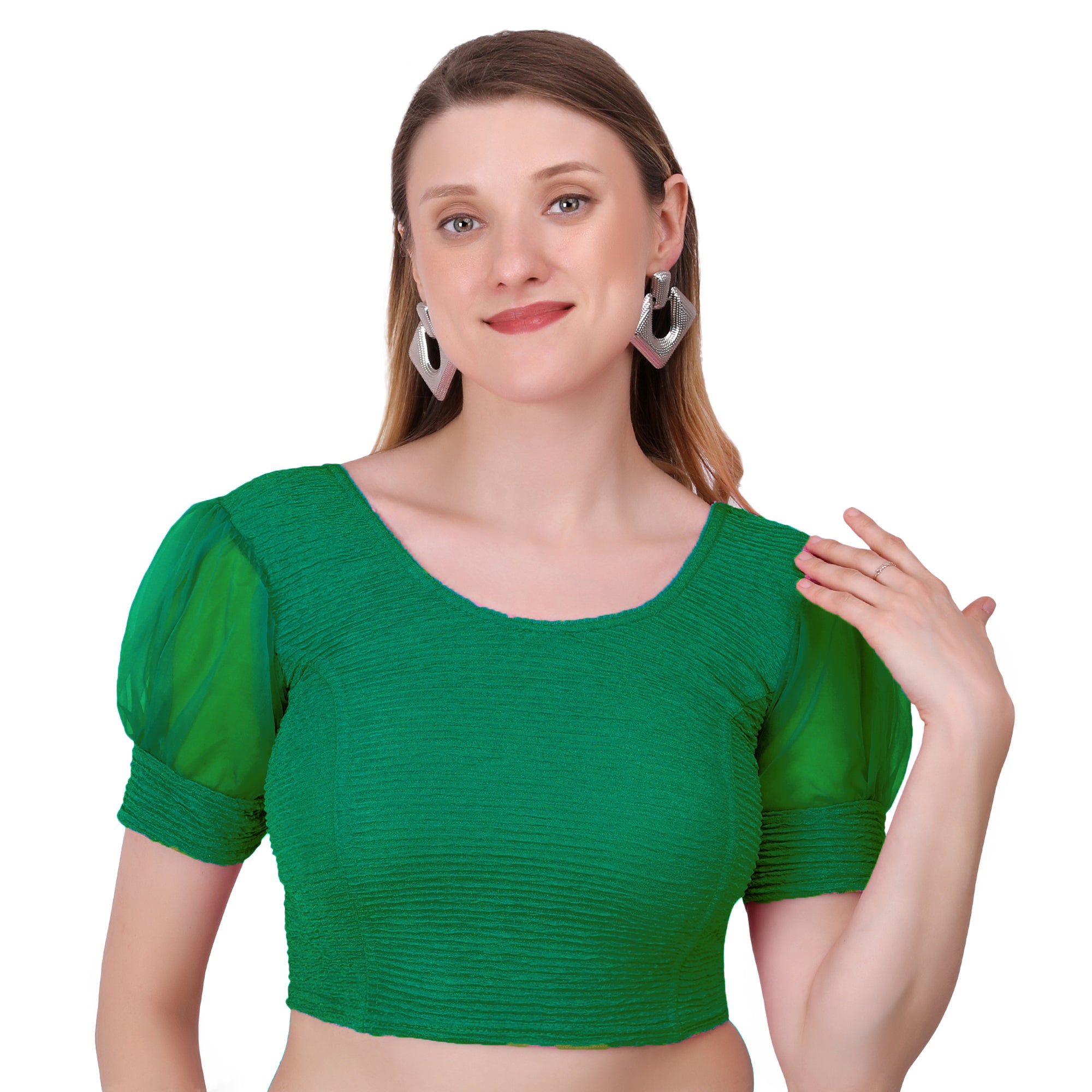 Vamika Cotton Lycra Stretchable Fabric Bottle Green Balloon Sleeves Blouse - Distacart