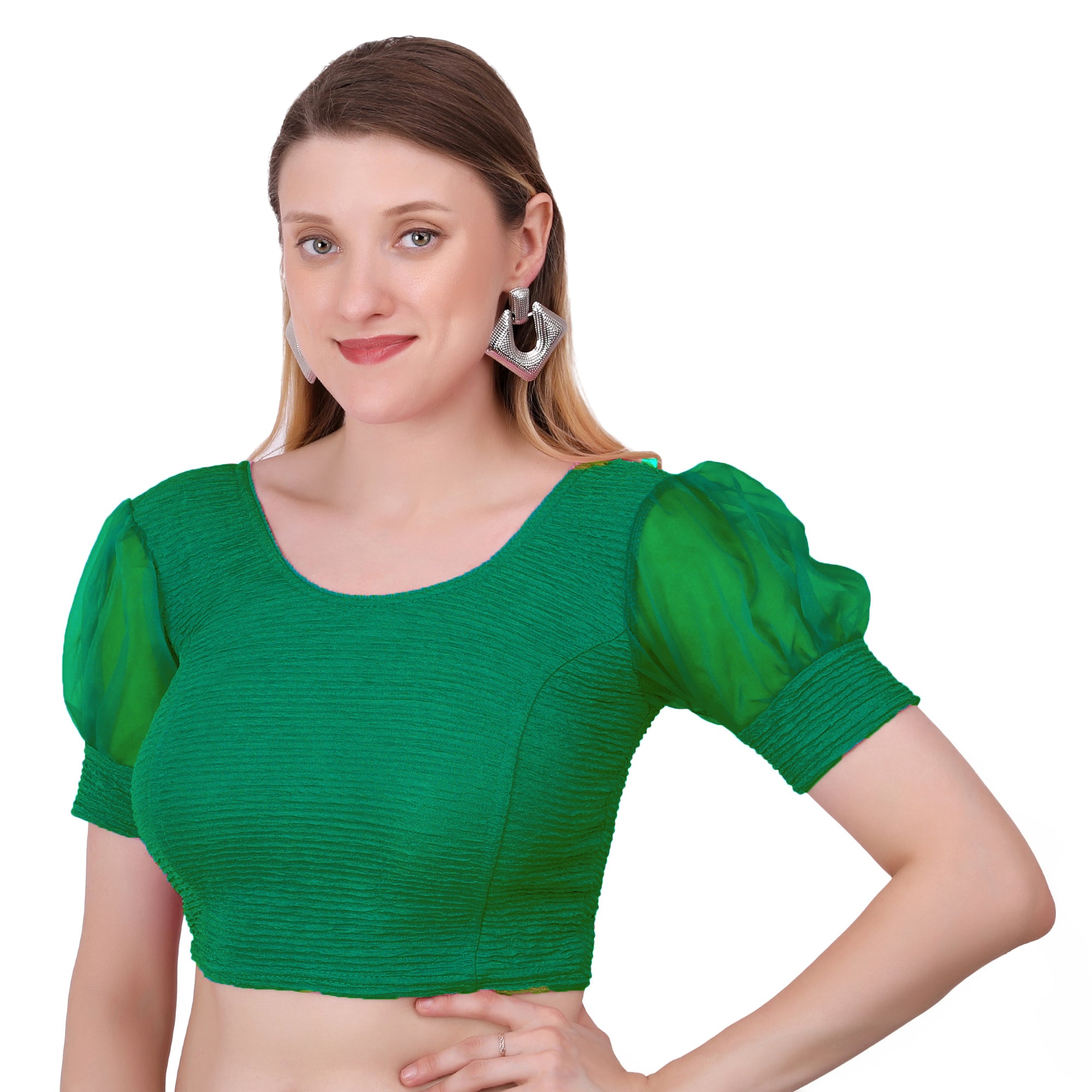 Vamika Cotton Lycra Stretchable Fabric Bottle Green Balloon Sleeves Blouse - Distacart