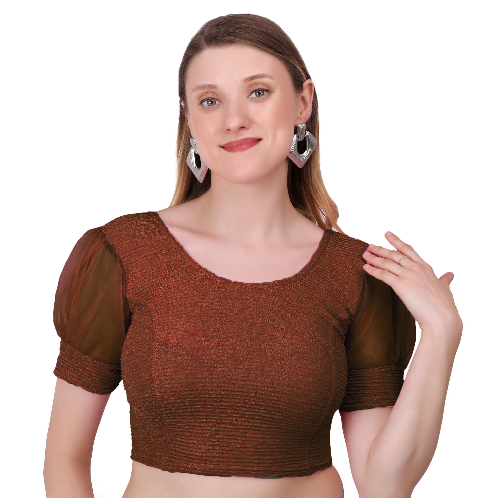 Vamika Cotton Lycra Stretchable Fabric Brown Balloon Sleeves Blouse - Distacart
