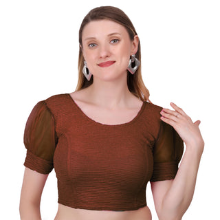 Vamika Cotton Lycra Stretchable Fabric Brown Balloon Sleeves Blouse - Distacart