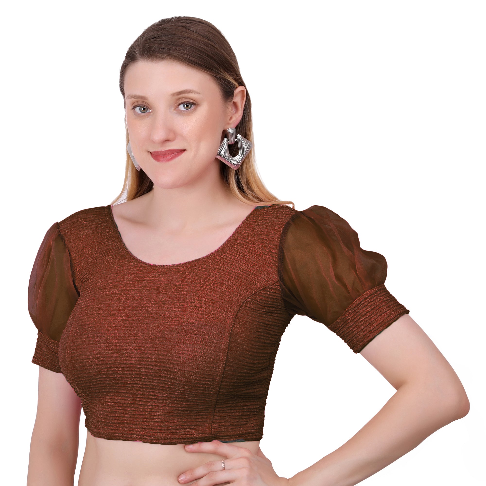 Vamika Cotton Lycra Stretchable Fabric Brown Balloon Sleeves Blouse - Distacart