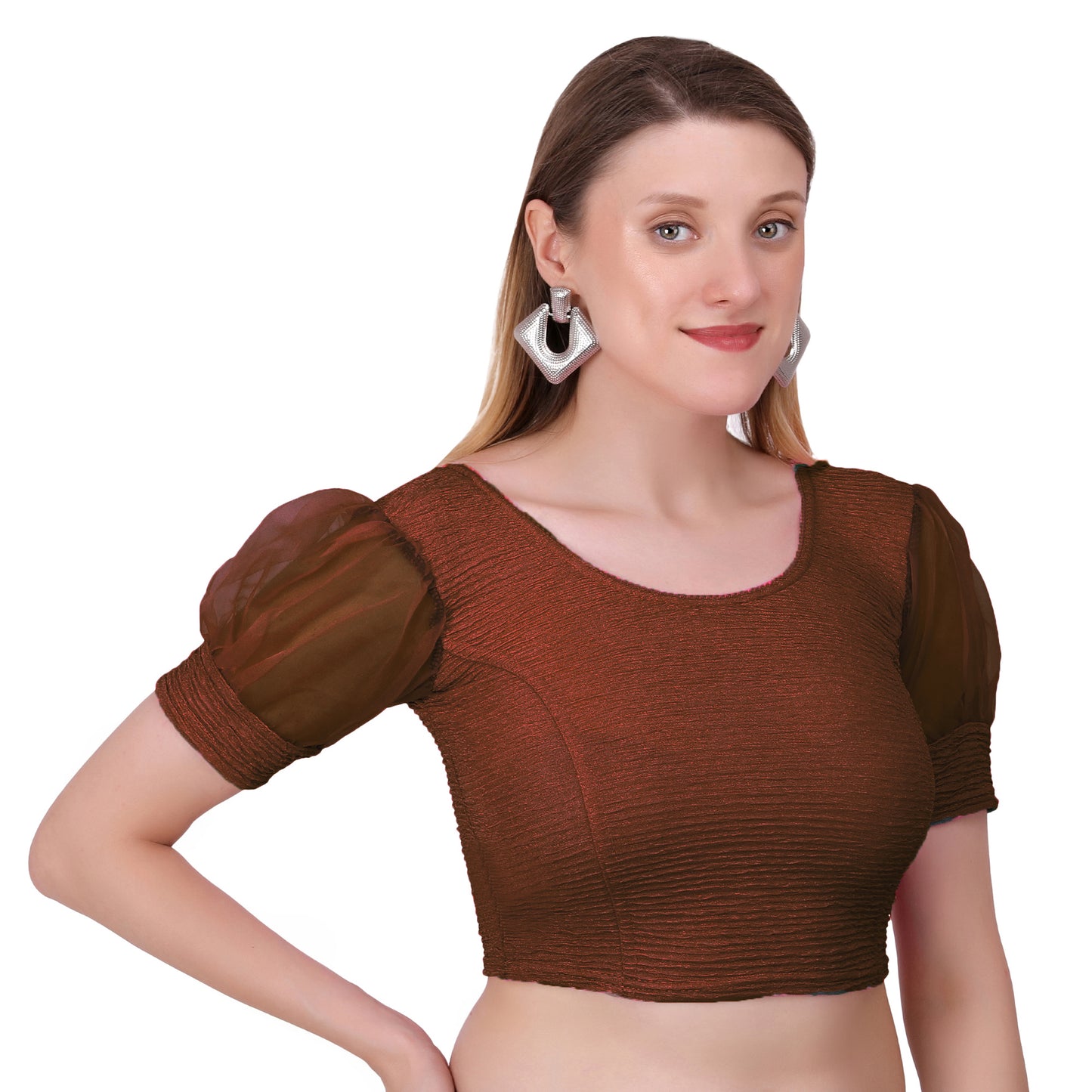 Vamika Cotton Lycra Stretchable Fabric Brown Balloon Sleeves Blouse - Distacart