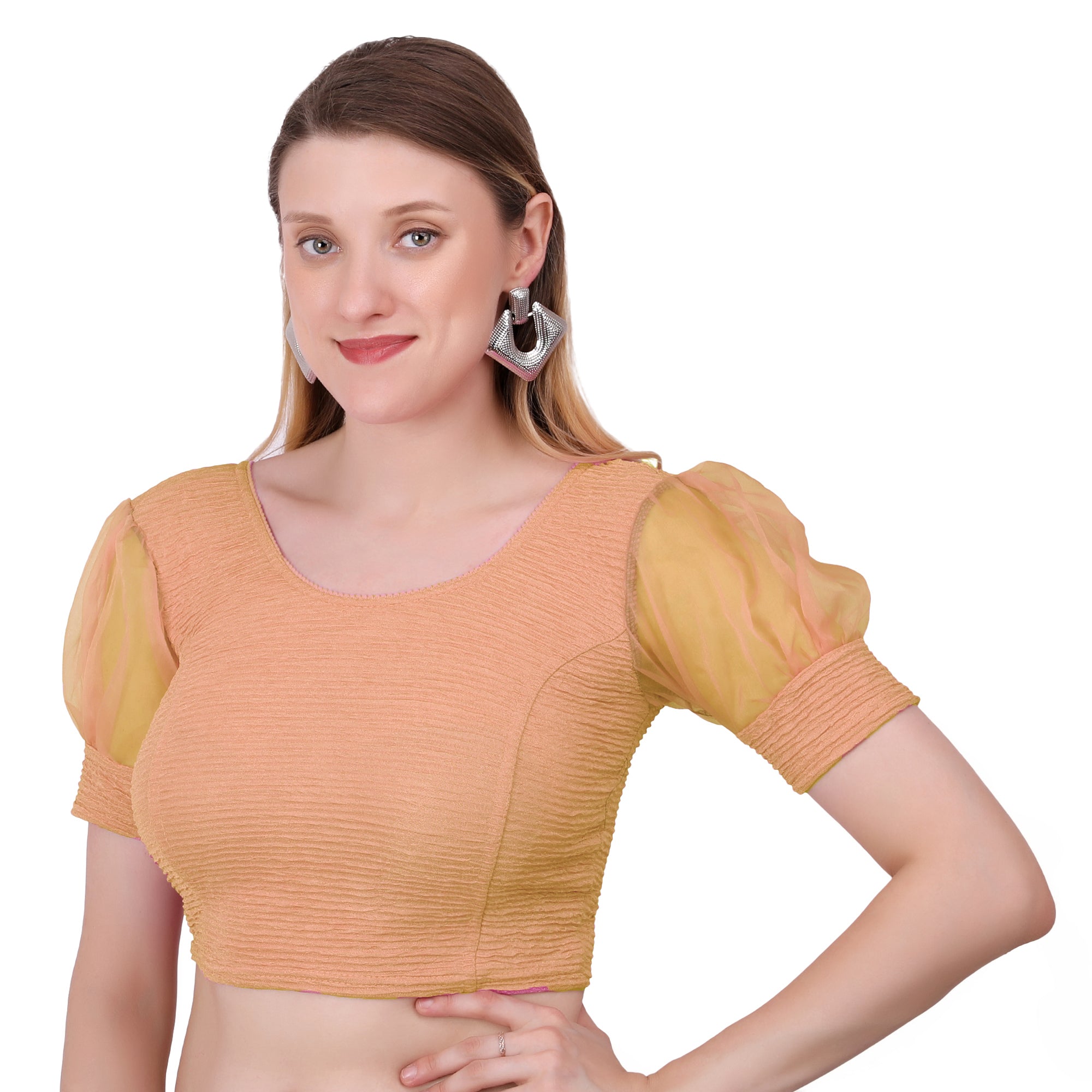 Vamika Cotton Lycra Stretchable Fabric Gold Balloon Sleeves Blouse - Distacart