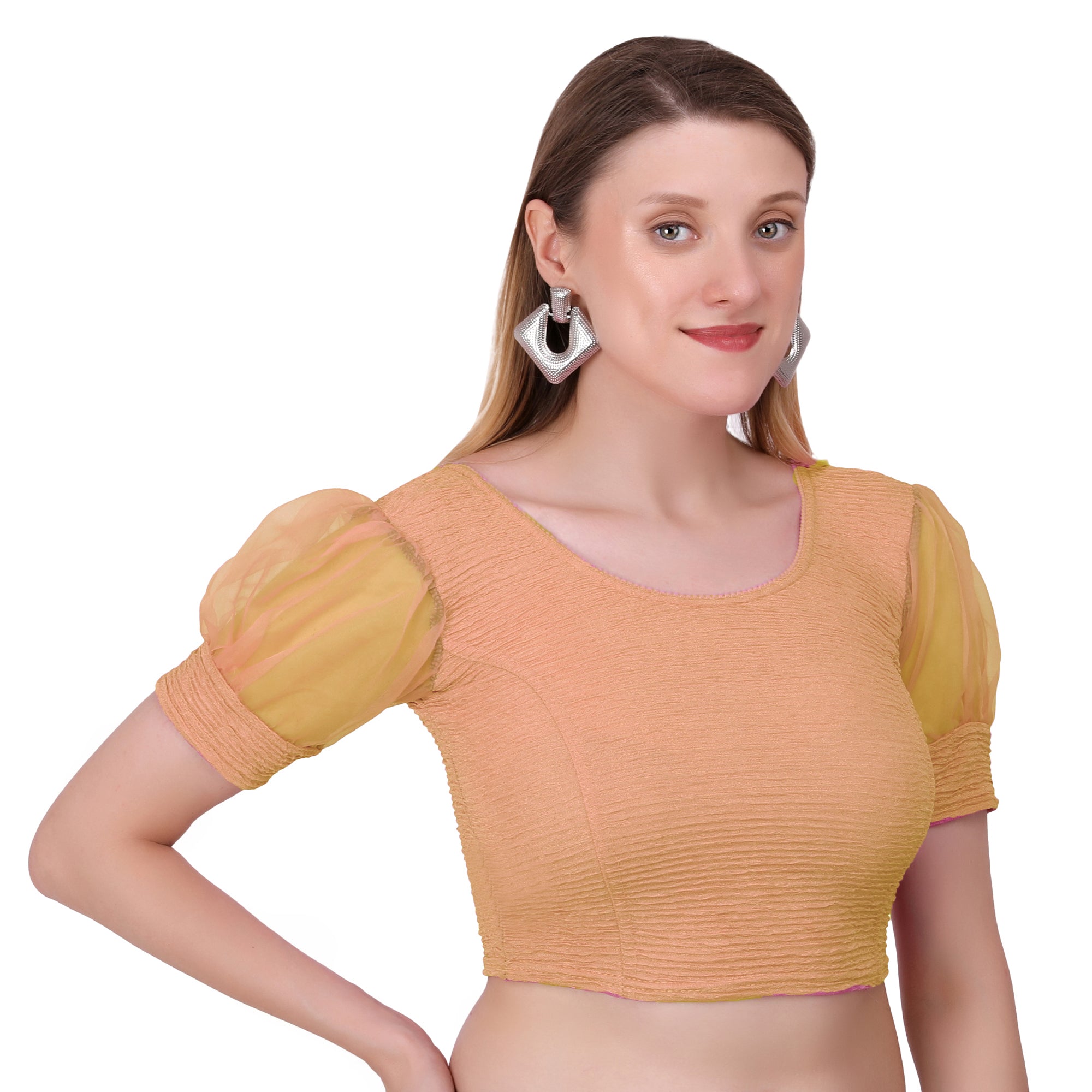 Vamika Cotton Lycra Stretchable Fabric Gold Balloon Sleeves Blouse