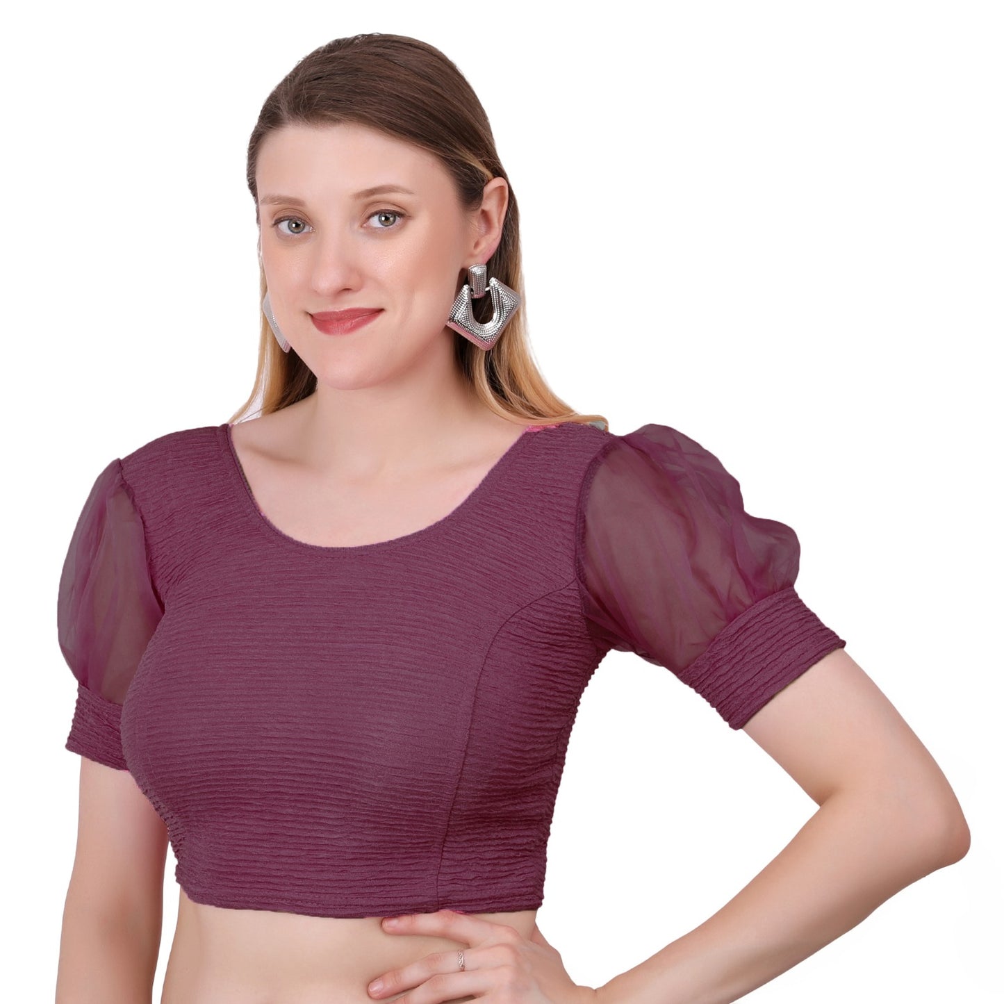 Vamika Cotton Lycra Stretchable Fabric Purple Balloon Sleeves Blouse - Distacart